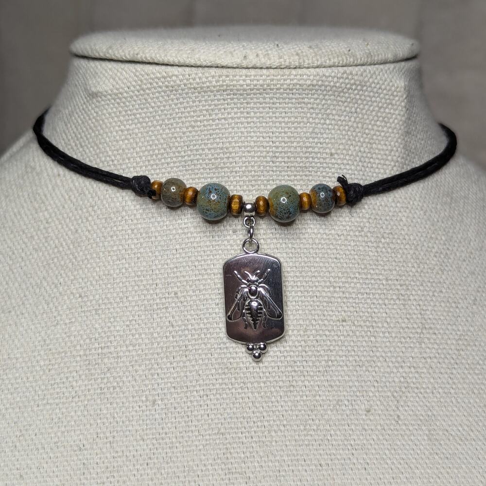 Bee Charm Ceramic Beaded Blue Green Stainless Silver Boho Hippie Choker Necklace